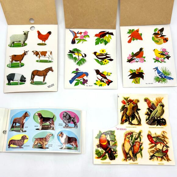 Lot Vintage Gummed Seals Stickers Dog Breeds Farm Animals Wildlife Birds Parrots - Picture 1 of 8